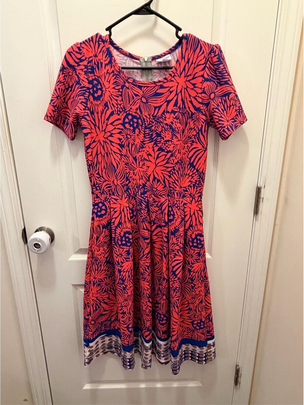 LuLaRoe Amelia Dress Womens Large Blue Coral Floral Pleated Pockets Zip